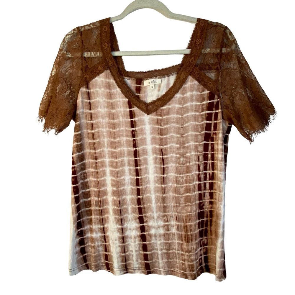 La Miel Mocha Brown Tie Dye Lace Sleeve V-Neck Top Women's Boho